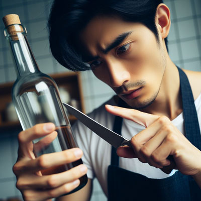 afilado casero de cuchillos con botella de vidreo